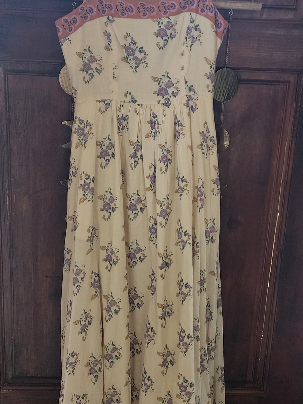 Bila 77 Cream Maxi Dress with Lavender Floral Print and Coral Trim Tie Straps